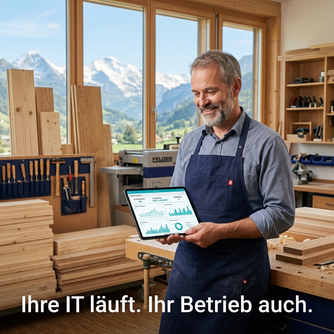 Schreiner mit Tablet, Alpenblick